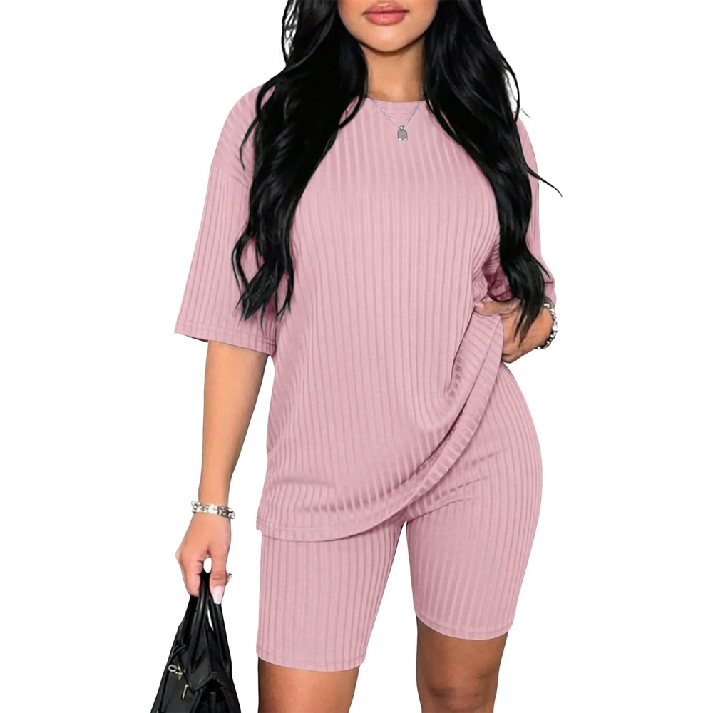 image:imageEkouaer Women 2 Piece Lounge Sets Ribbed Knit Oversized Shirt Biker ShortsPink