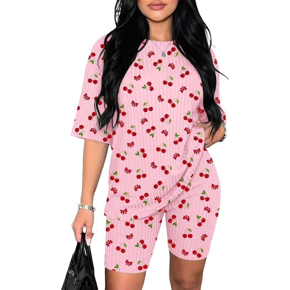 image:imageEkouaer Women 2 Piece Lounge Sets Ribbed Knit Oversized Shirt Biker ShortsPink Cherry