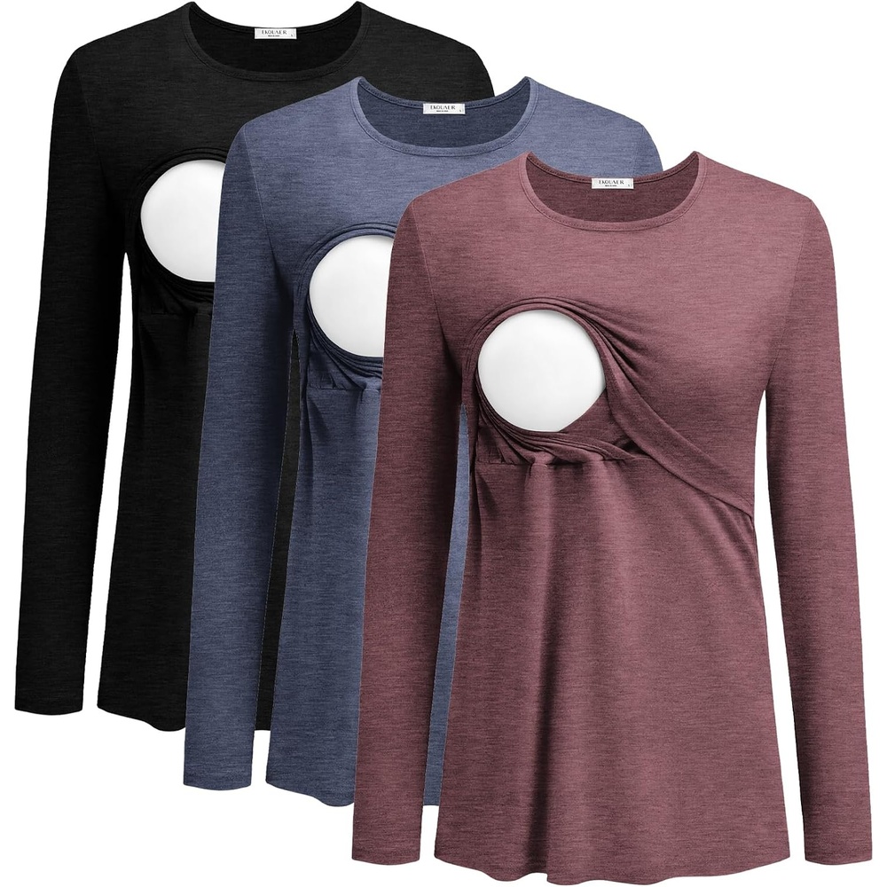 image:imageEkouaer Women 3 Packs Nursing Shirts Long Sleeve Breastfeeding Tops Round Neck Postpartum Clothes Double Layer Maternity TeeBlackNavy BlueDark Red
