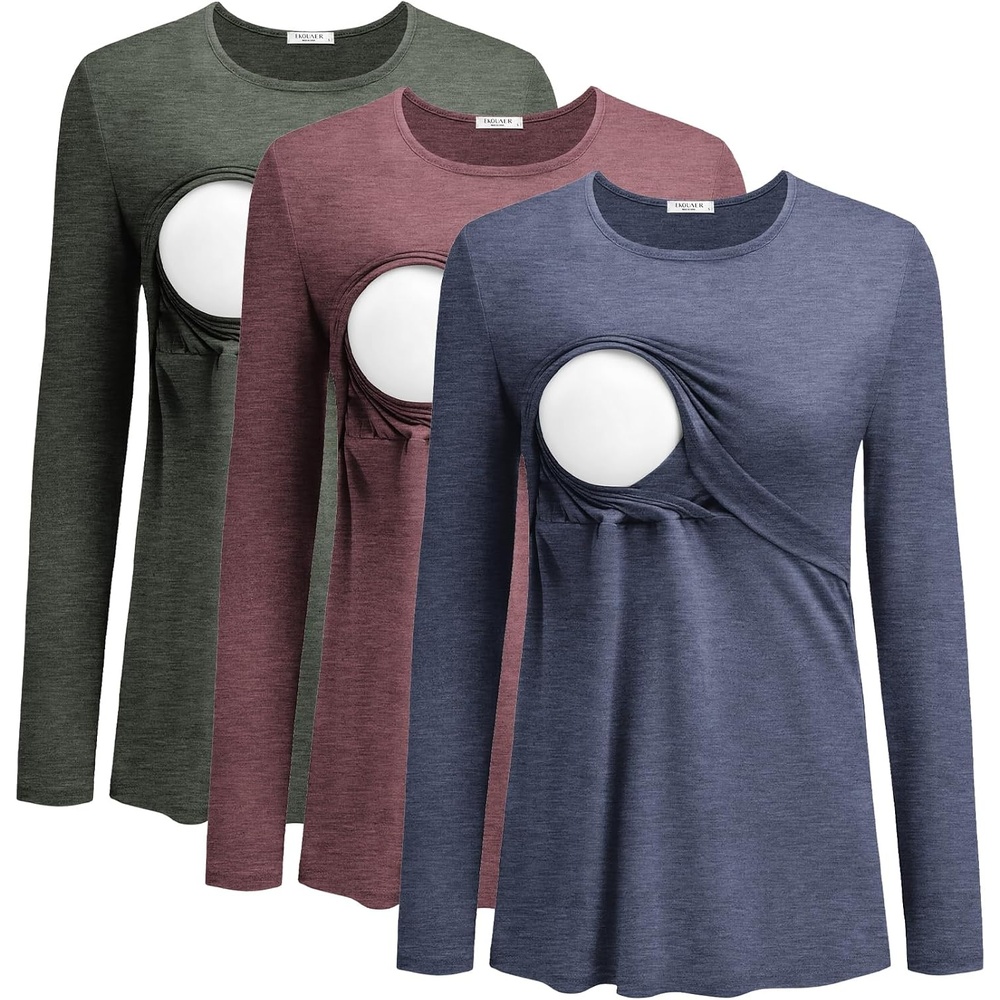 image:imageEkouaer Women 3 Packs Nursing Shirts Long Sleeve Breastfeeding Tops Round Neck Postpartum Clothes Double Layer Maternity TeeNavy BlueArmy GreenDark Red