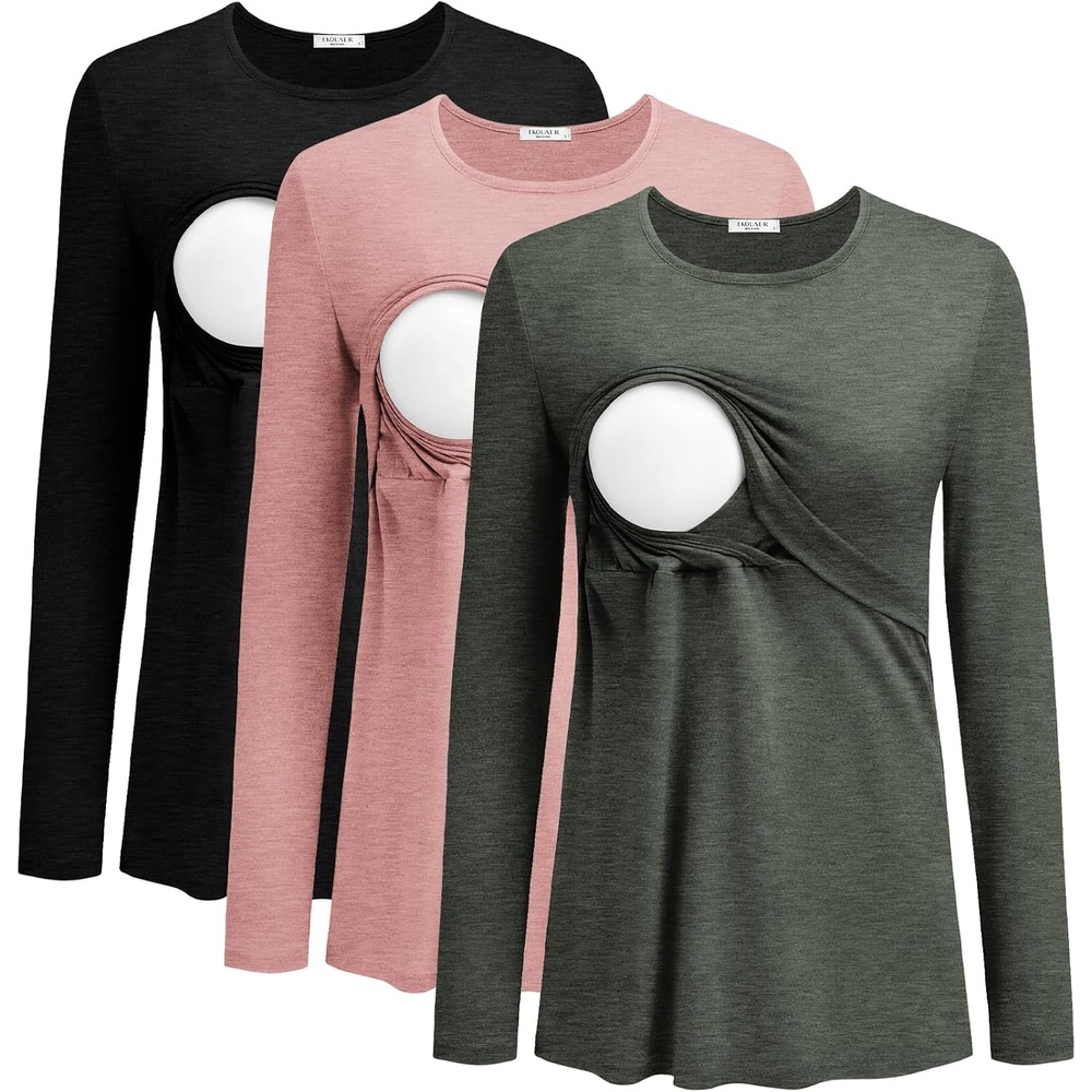 image:imageEkouaer Women Long Sleeve Nursing Shirts 3 Pack Breastfeeding Round Neck Top Double Layer Maternity Tshirt Pregnancy ClothesBlackArmy GreenDirty Pink