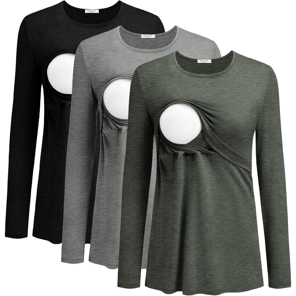 image:imageEkouaer Women Long Sleeve Nursing Shirts 3 Pack Breastfeeding Round Neck Top Double Layer Maternity Tshirt Pregnancy ClothesBlackLight GreyArmy Green