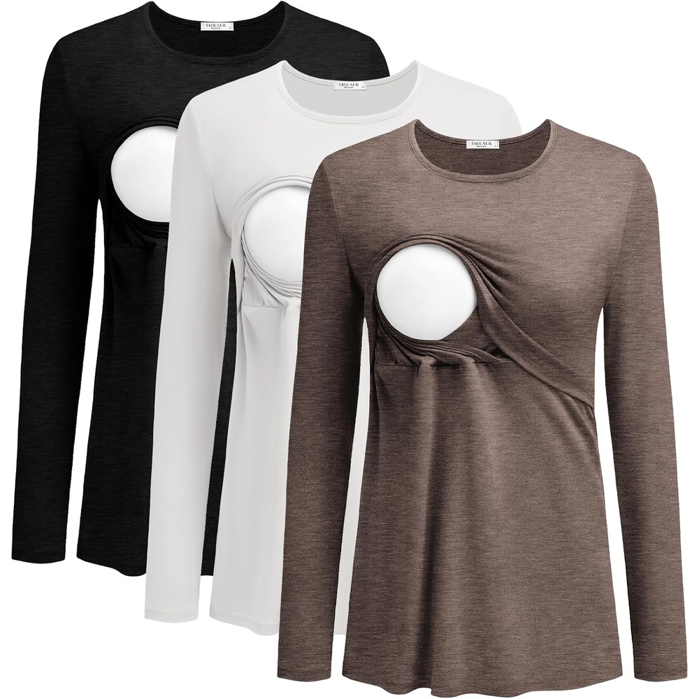 image:imageEkouaer Women Long Sleeve Nursing Shirts 3 Pack Breastfeeding Round Neck Top Double Layer Maternity Tshirt Pregnancy ClothesBlackWhiteBrown