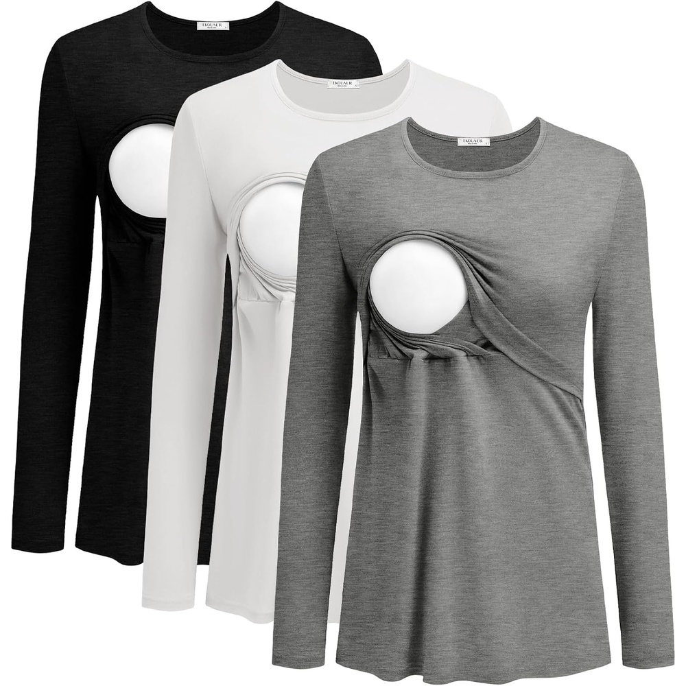image:imageEkouaer Women Long Sleeve Nursing Shirts 3 Pack Breastfeeding Round Neck Top Double Layer Maternity Tshirt Pregnancy ClothesBlackWhiteLight Grey