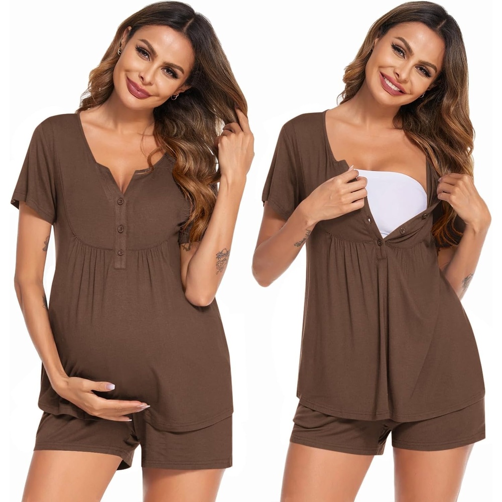 image:imageEkouaer Women Maternity Nursing Pajama Sets Short Sleeve Postpartum PajamasBrown