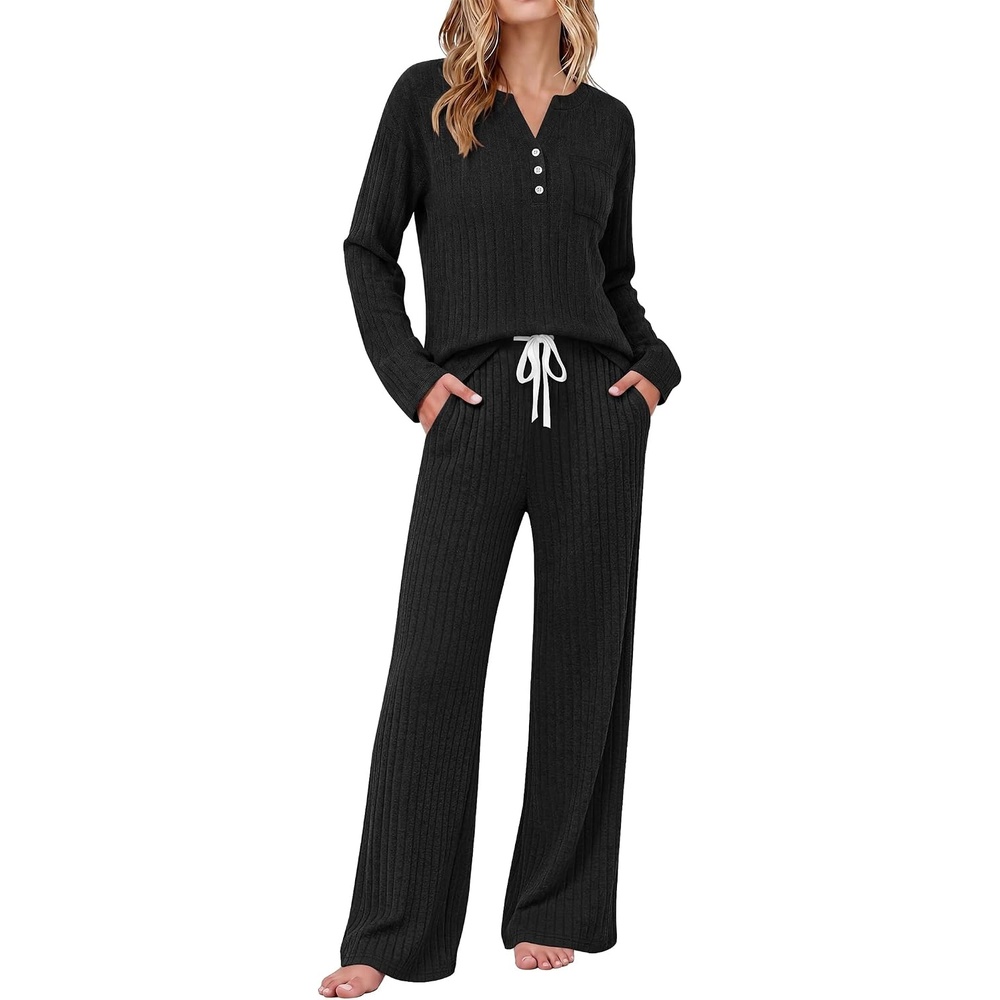image:imageEkouaer Womens 2 Piece Lounge Set Long Sleeve Knit Ribbed Pajama SetsBlack