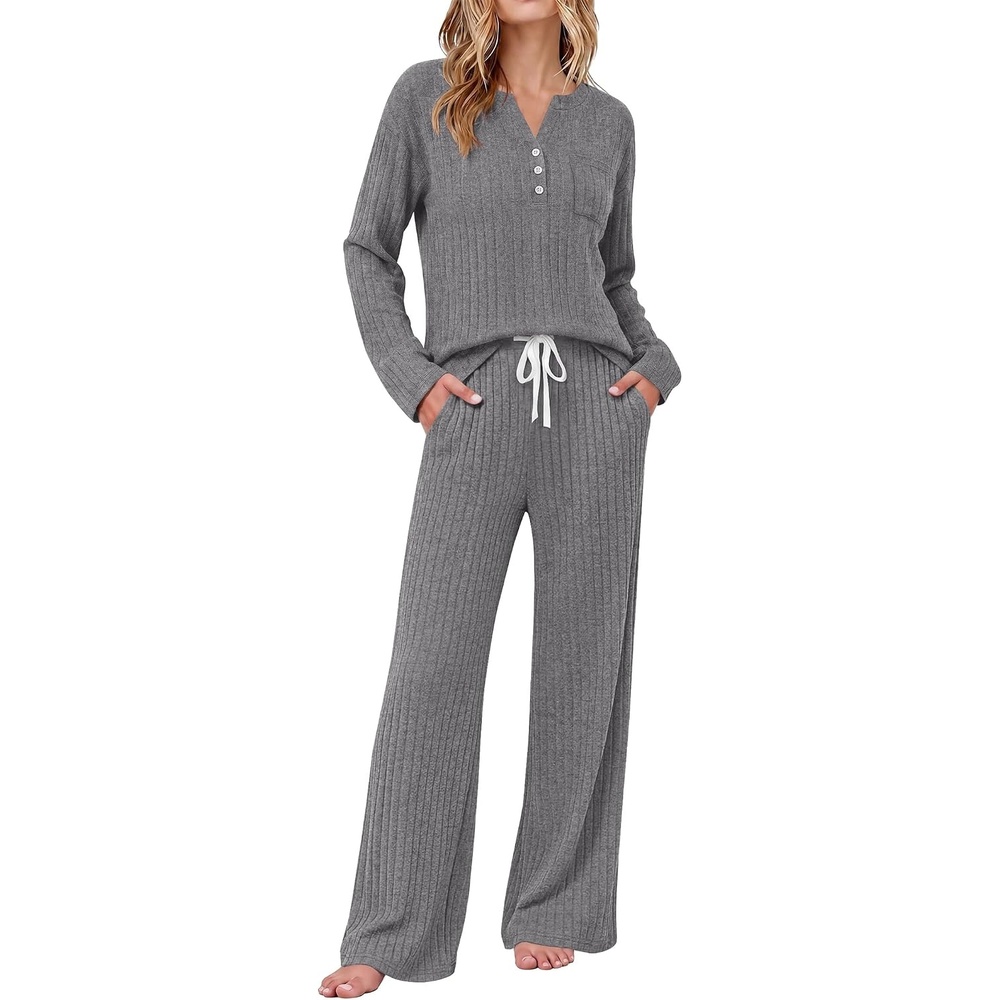 image:imageEkouaer Womens 2 Piece Lounge Set Long Sleeve Knit Ribbed Pajama SetsDark Gray
