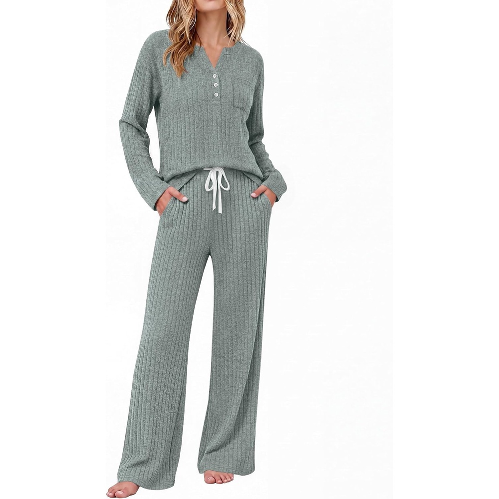image:imageEkouaer Womens 2 Piece Lounge Set Long Sleeve Knit Ribbed Pajama SetsGray Green
