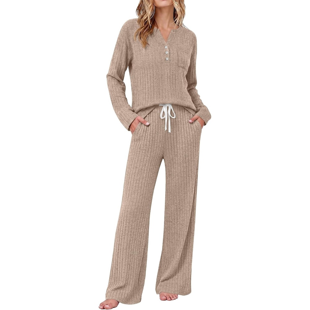 image:imageEkouaer Womens 2 Piece Lounge Set Long Sleeve Knit Ribbed Pajama SetsKhaki
