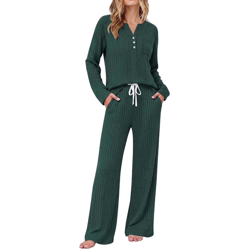 image:imageEkouaer Womens 2 Piece Lounge Set Long Sleeve Knit Ribbed Pajama SetsLake Green