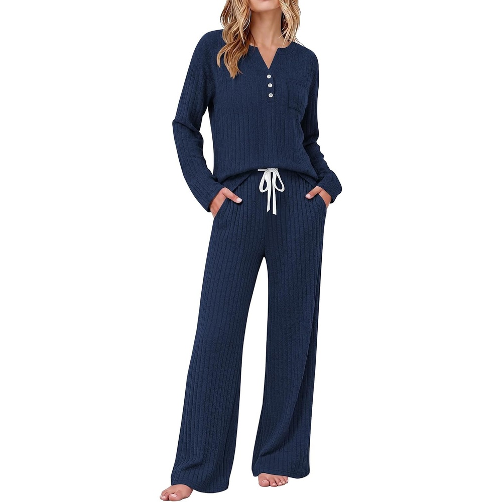 image:imageEkouaer Womens 2 Piece Lounge Set Long Sleeve Knit Ribbed Pajama SetsNavy Blue