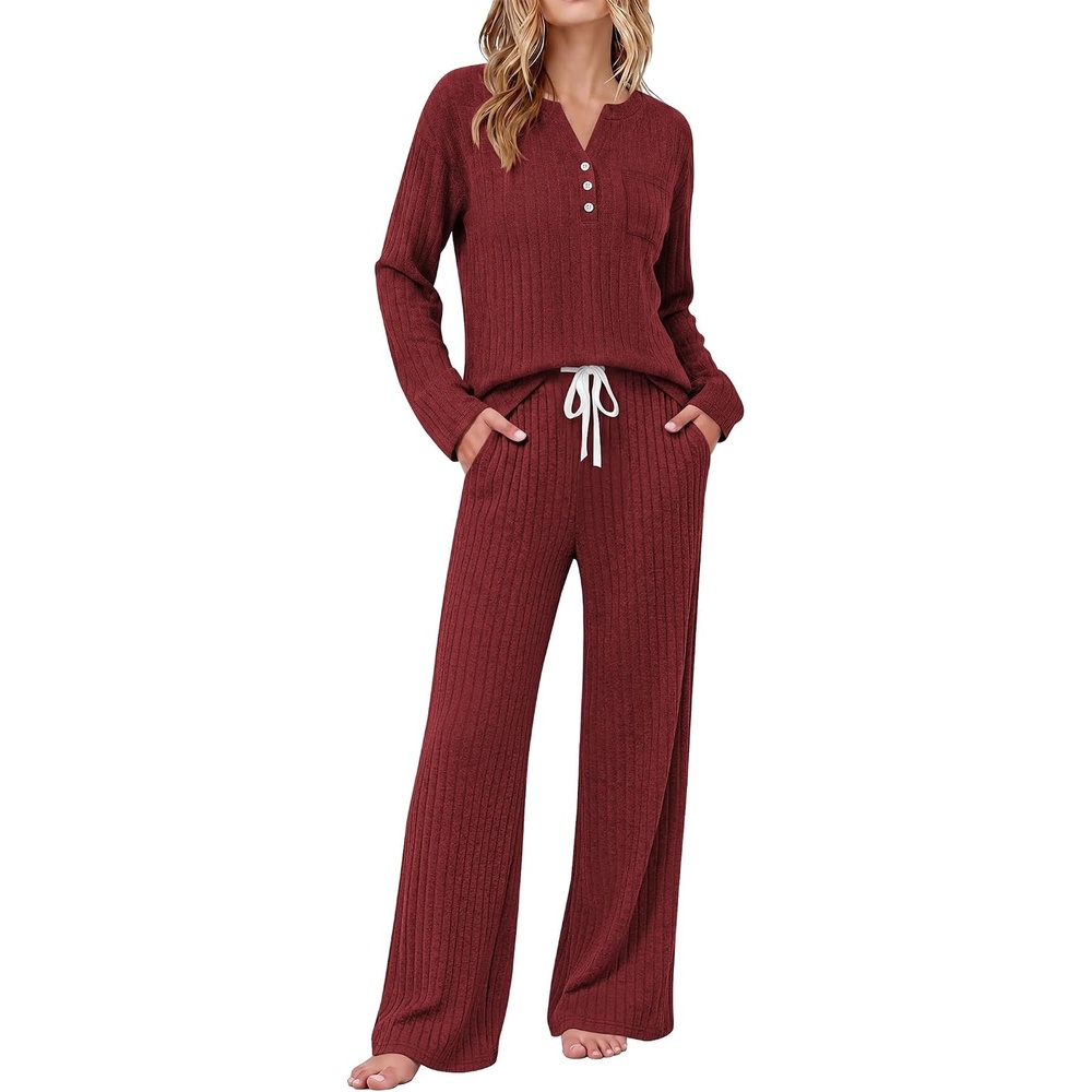 image:imageEkouaer Womens 2 Piece Lounge Set Long Sleeve Knit Ribbed Pajama SetsWine Red