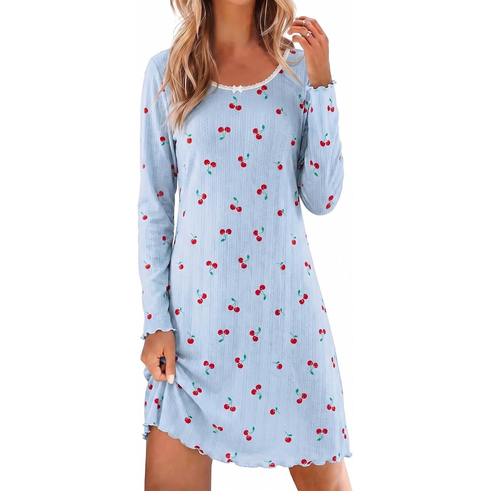 image:imageEkouaer Womens Long Sleeve Nightgown Soft Ribbed Sleep Dress Night ShirtBlue Cherry