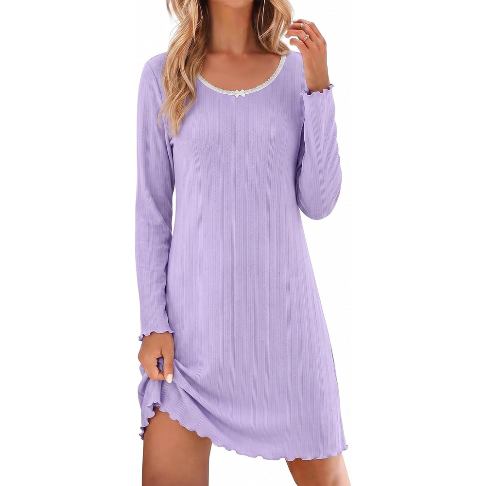 image:imageEkouaer Womens Long Sleeve Nightgown Soft Ribbed Sleep Dress Night ShirtLilac