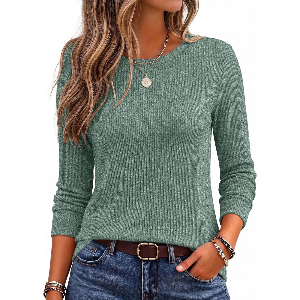 image:imageEkouaer Womens Long Sleeve Shirts Casual Crewneck Thermal Tops Fall ClothesGreen