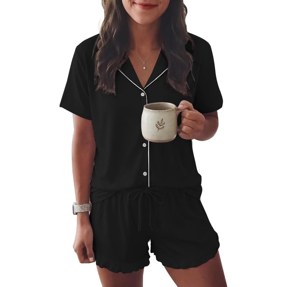 image:imageEkouaer Womens Pajama Sets Button Down Cute Ruffled Pjs Set SleepwearBlack