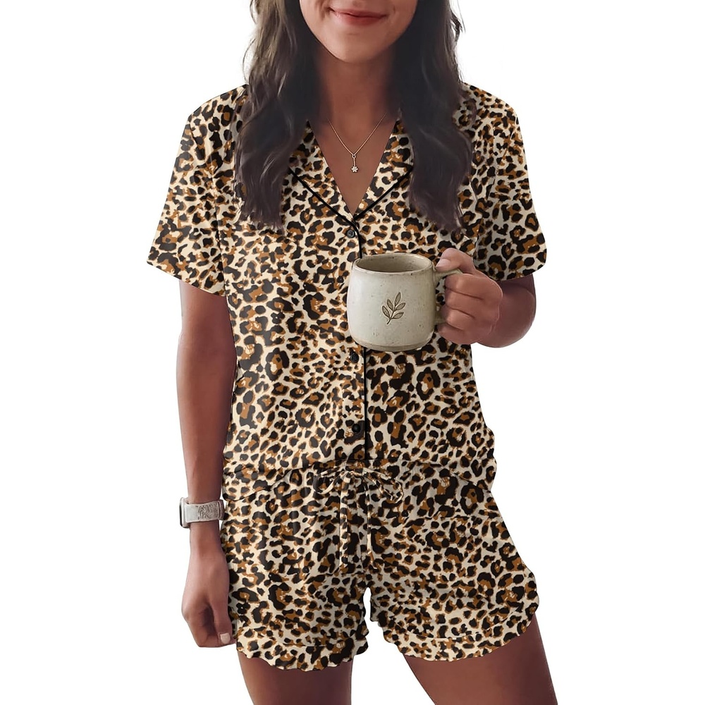image:imageEkouaer Womens Pajama Sets Button Down Cute Ruffled Pjs Set SleepwearCheetah