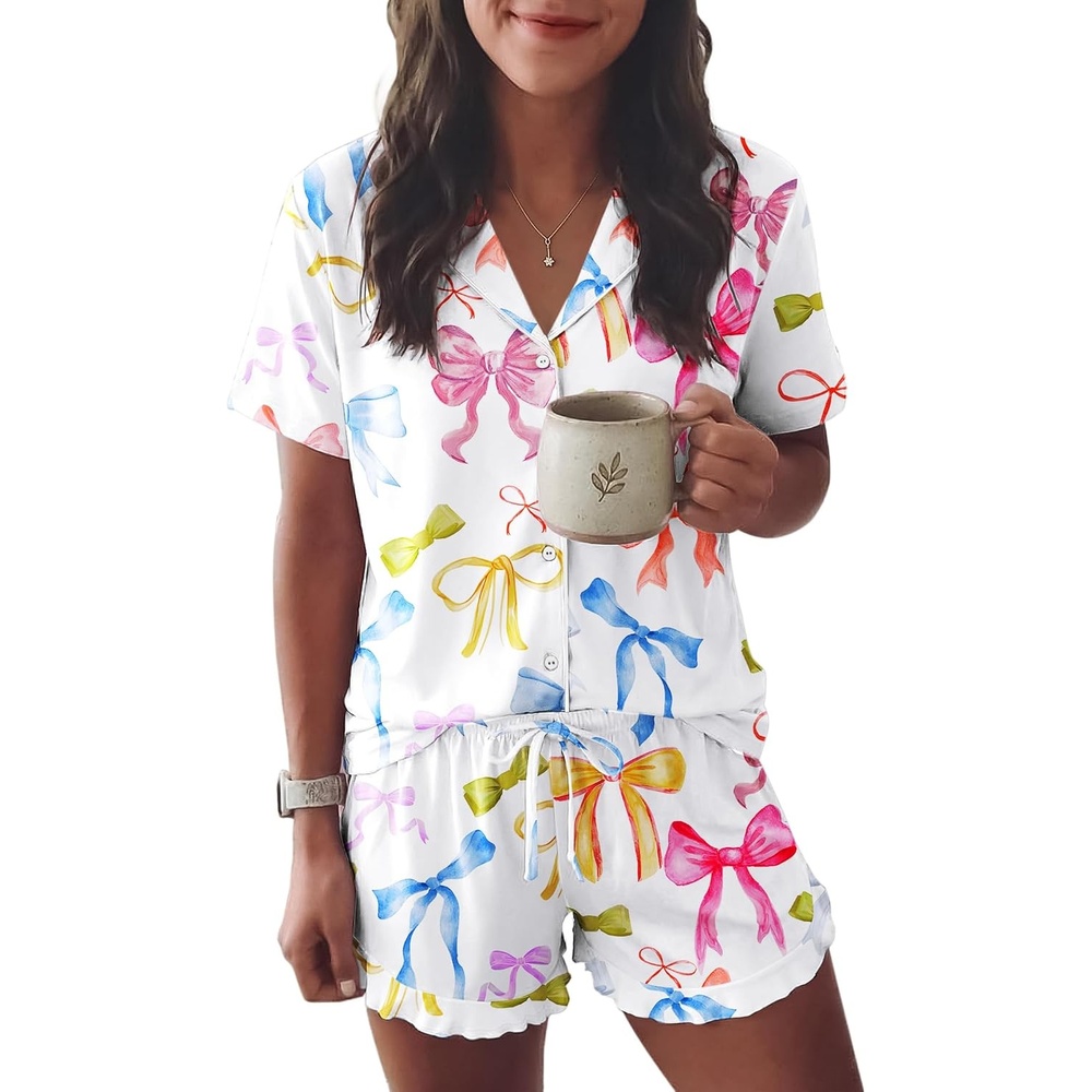 image:imageEkouaer Womens Pajama Sets Button Down Cute Ruffled Pjs Set SleepwearColorful Bow