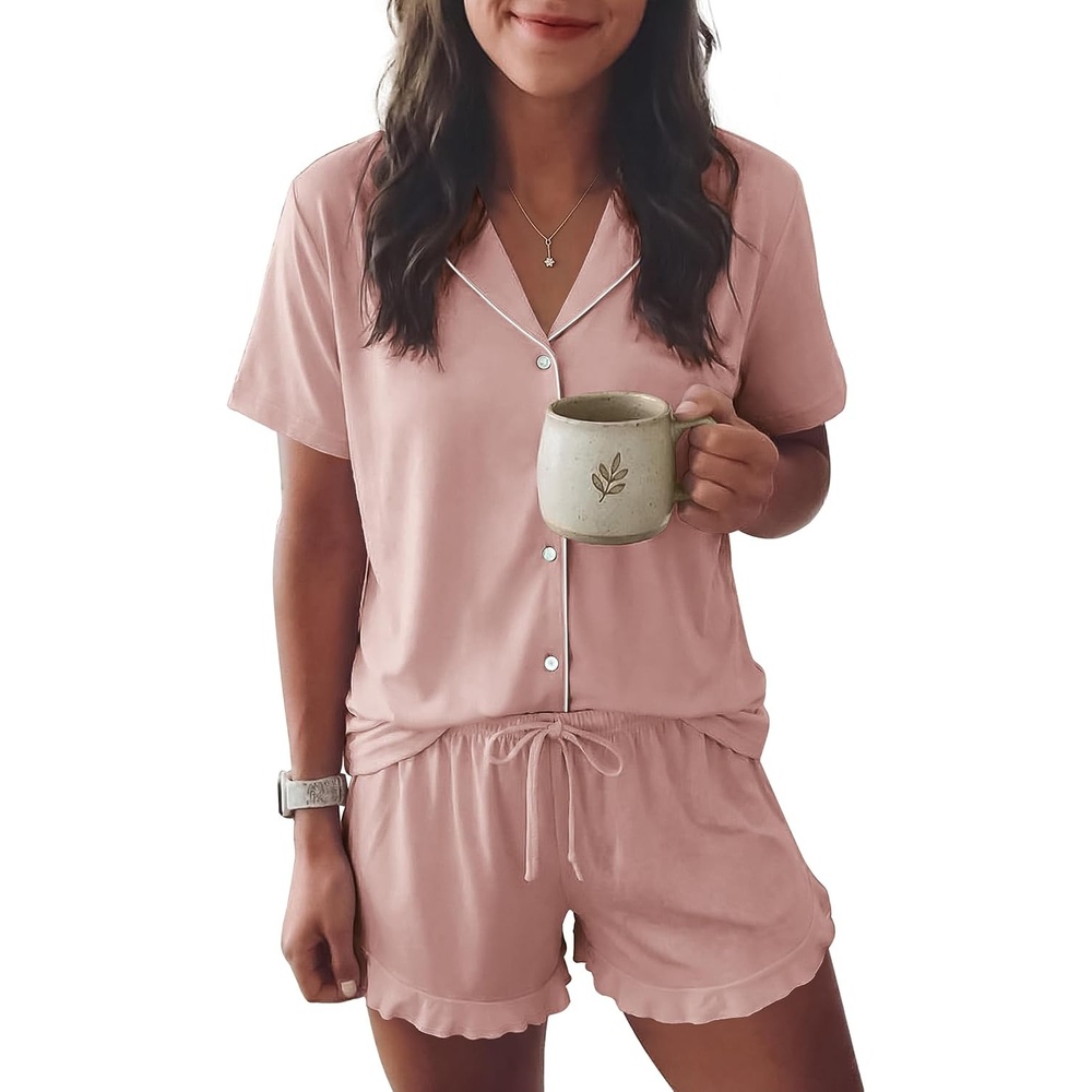 image:imageEkouaer Womens Pajama Sets Button Down Cute Ruffled Pjs Set SleepwearLight Pink