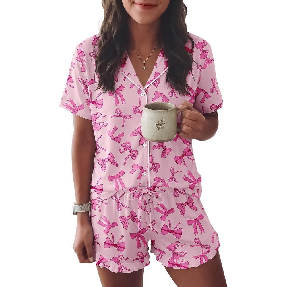 image:imageEkouaer Womens Pajama Sets Button Down Cute Ruffled Pjs Set SleepwearPink Bow