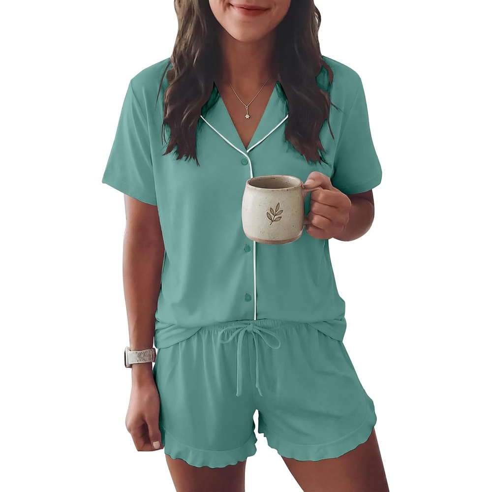 image:imageEkouaer Womens Pajama Sets Button Down Cute Ruffled Pjs Set SleepwearSage Green