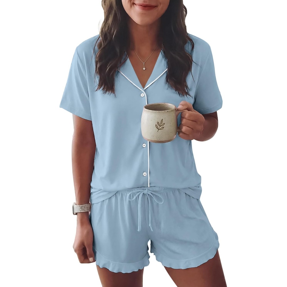 image:imageEkouaer Womens Pajama Sets Button Down Cute Ruffled Pjs Set SleepwearSky Blue