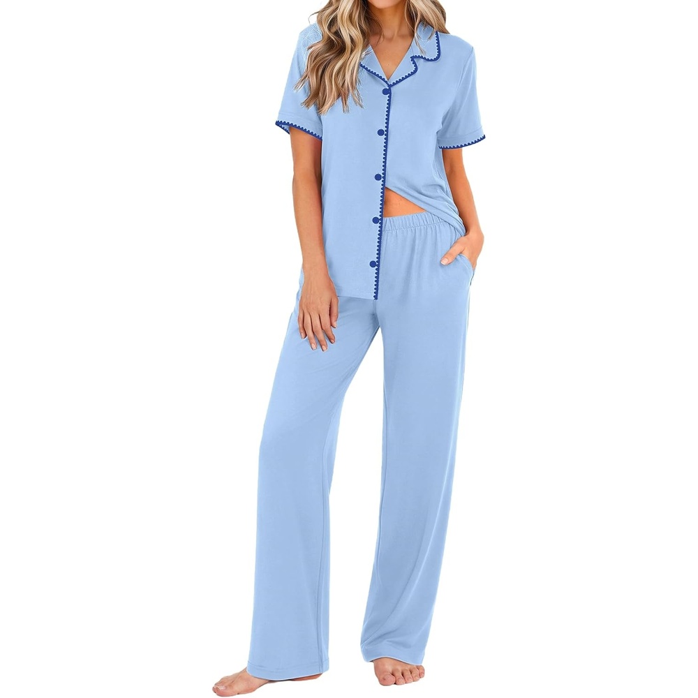 image:imageEkouaer Womens Pajamas Set Button Down Loungewear Short Sleeve Pants PjsBlue