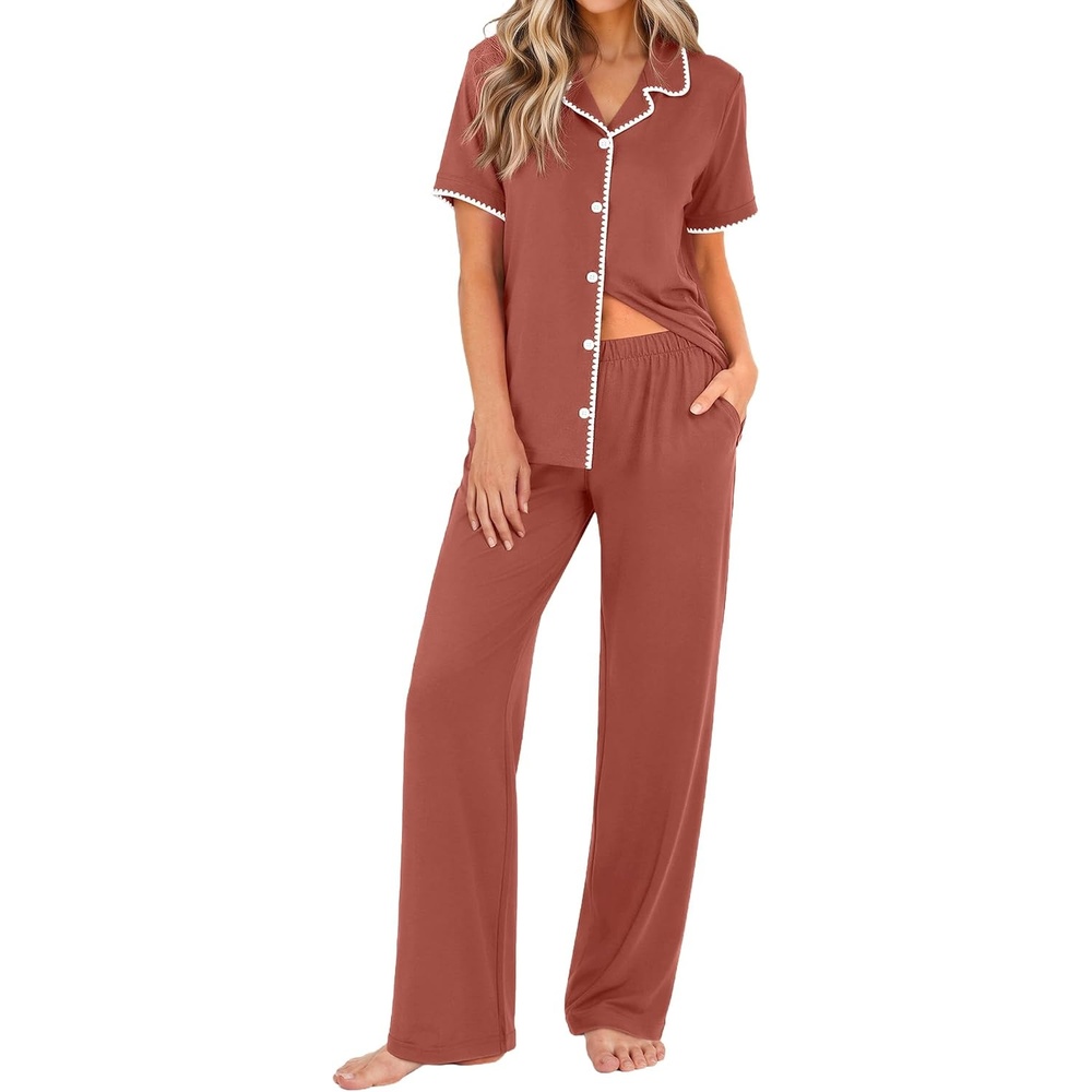 image:imageEkouaer Womens Pajamas Set Button Down Loungewear Short Sleeve Pants PjsBrown