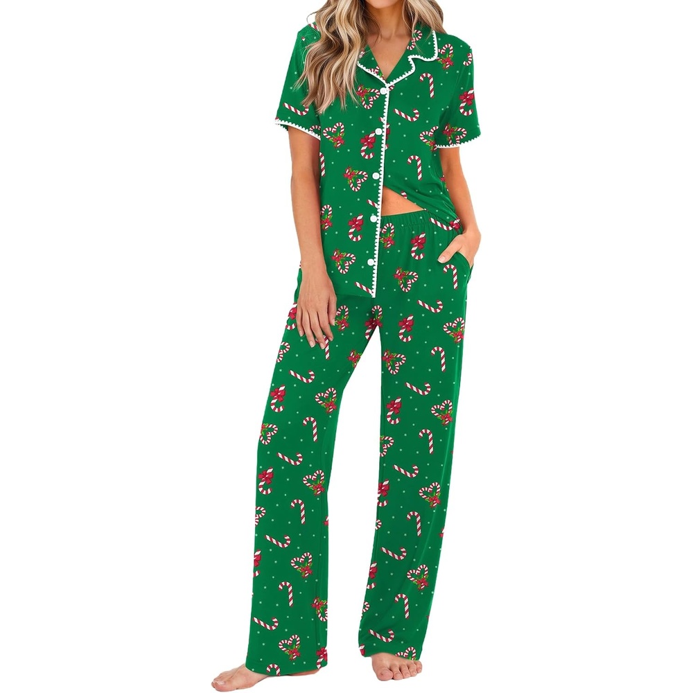 image:imageEkouaer Womens Pajamas Set Button Down Loungewear Short Sleeve Pants PjsChristmas Green Candy Canes