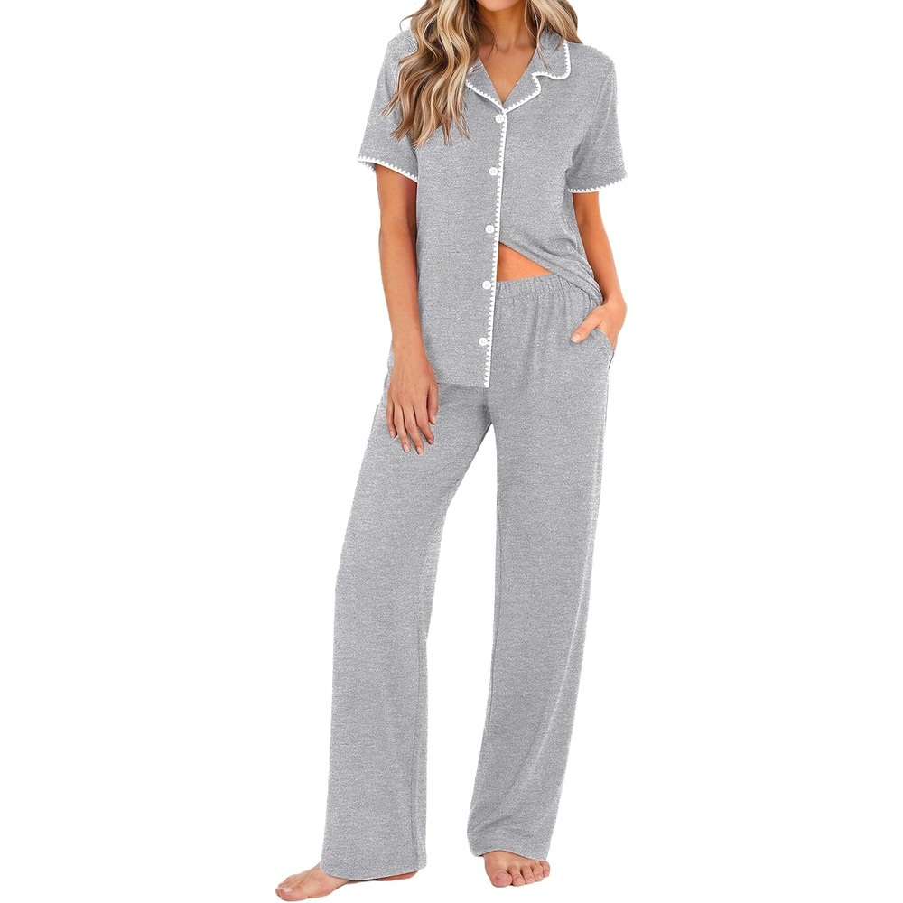 image:imageEkouaer Womens Pajamas Set Button Down Loungewear Short Sleeve Pants PjsLight Grey
