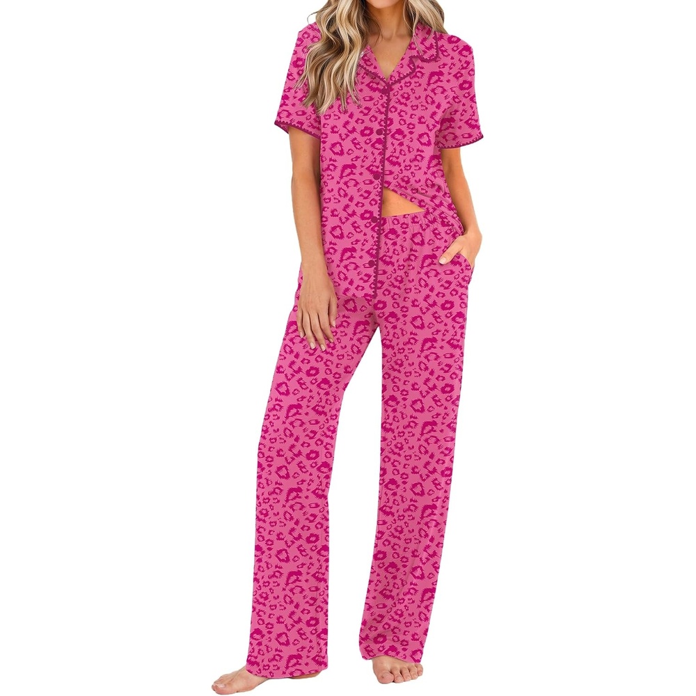 image:imageEkouaer Womens Pajamas Set Button Down Loungewear Short Sleeve Pants PjsRose Leopard