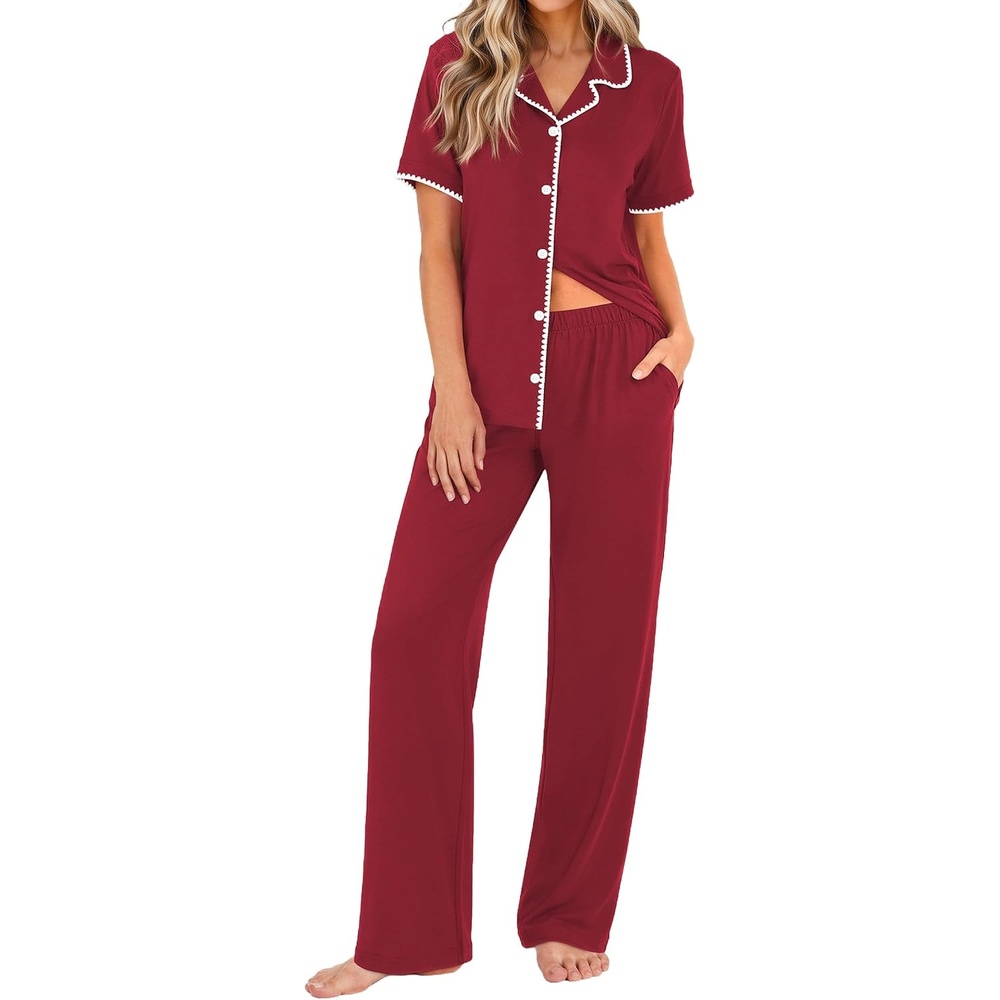 image:imageEkouaer Womens Pajamas Set Button Down Loungewear Short Sleeve Pants PjsWine Red