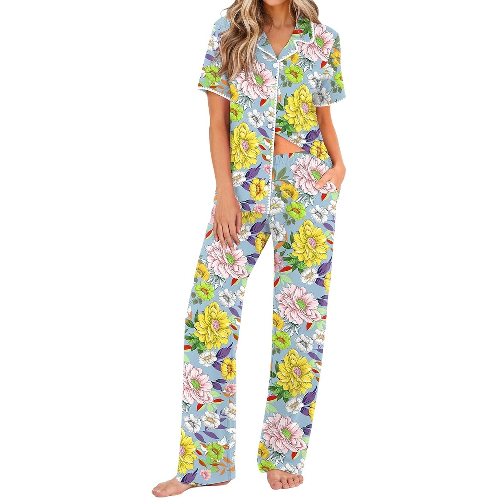 image:imageEkouaer Womens Pajamas Set Button Down Loungewear Short Sleeve Pants PjsYellow Chrysanthemum