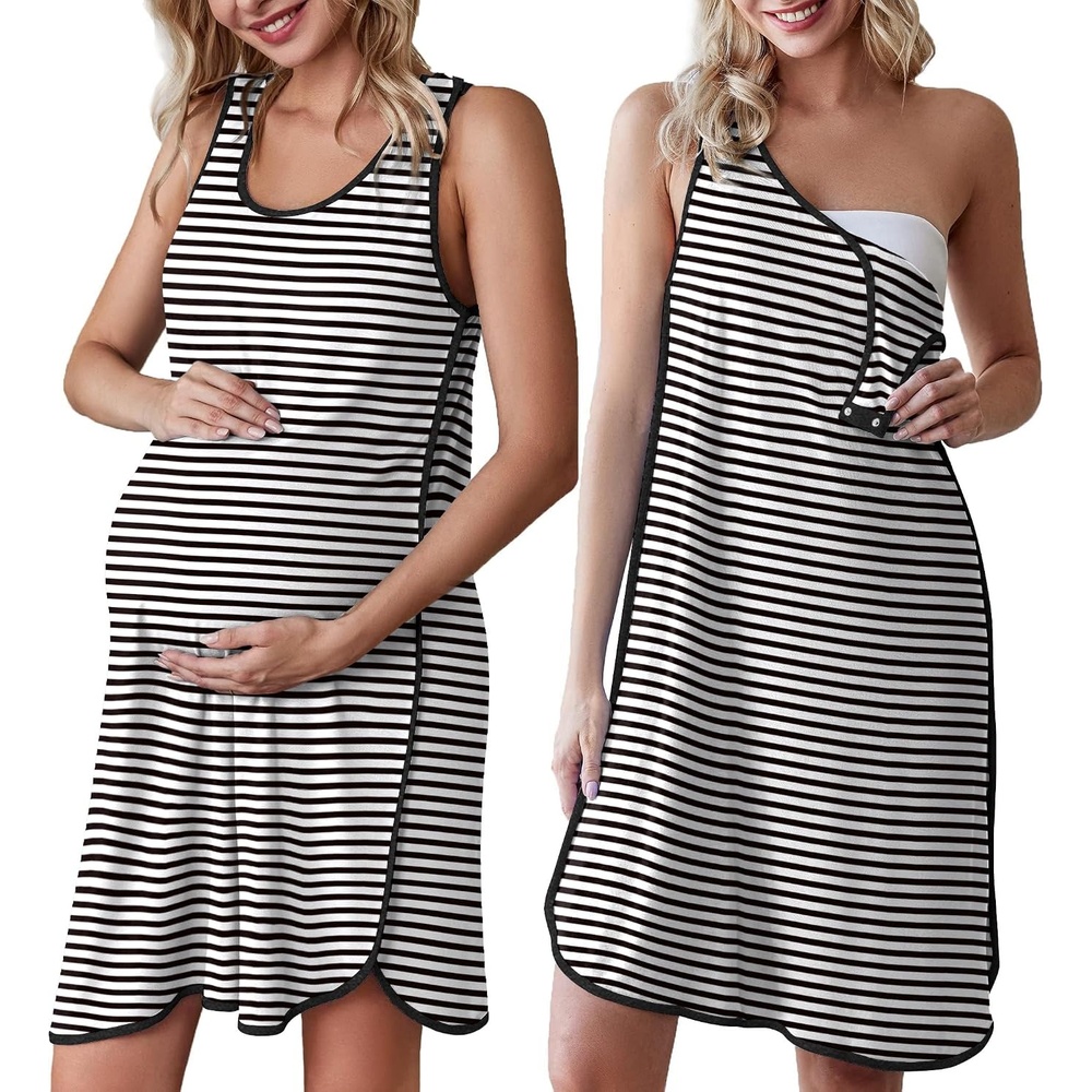 image:imageLabor and Delivery Gown Maternity Dress Breastfeeding Nursing NightgownBlack Striped1