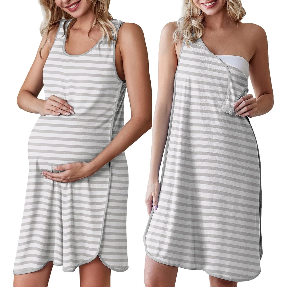image:imageLabor and Delivery Gown Maternity Dress Breastfeeding Nursing NightgownGrey Striped