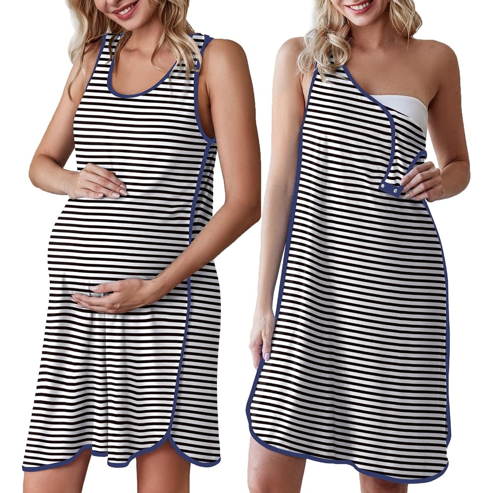 image:imageLabor and Delivery Gown Maternity Dress Breastfeeding Nursing NightgownNavy Striped