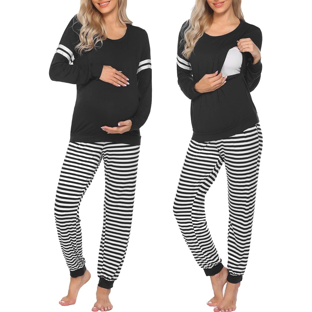 image:imageMaternity Pajamas Set Nursing Breastfeeding Postpartum Pregnancy PjsBlack