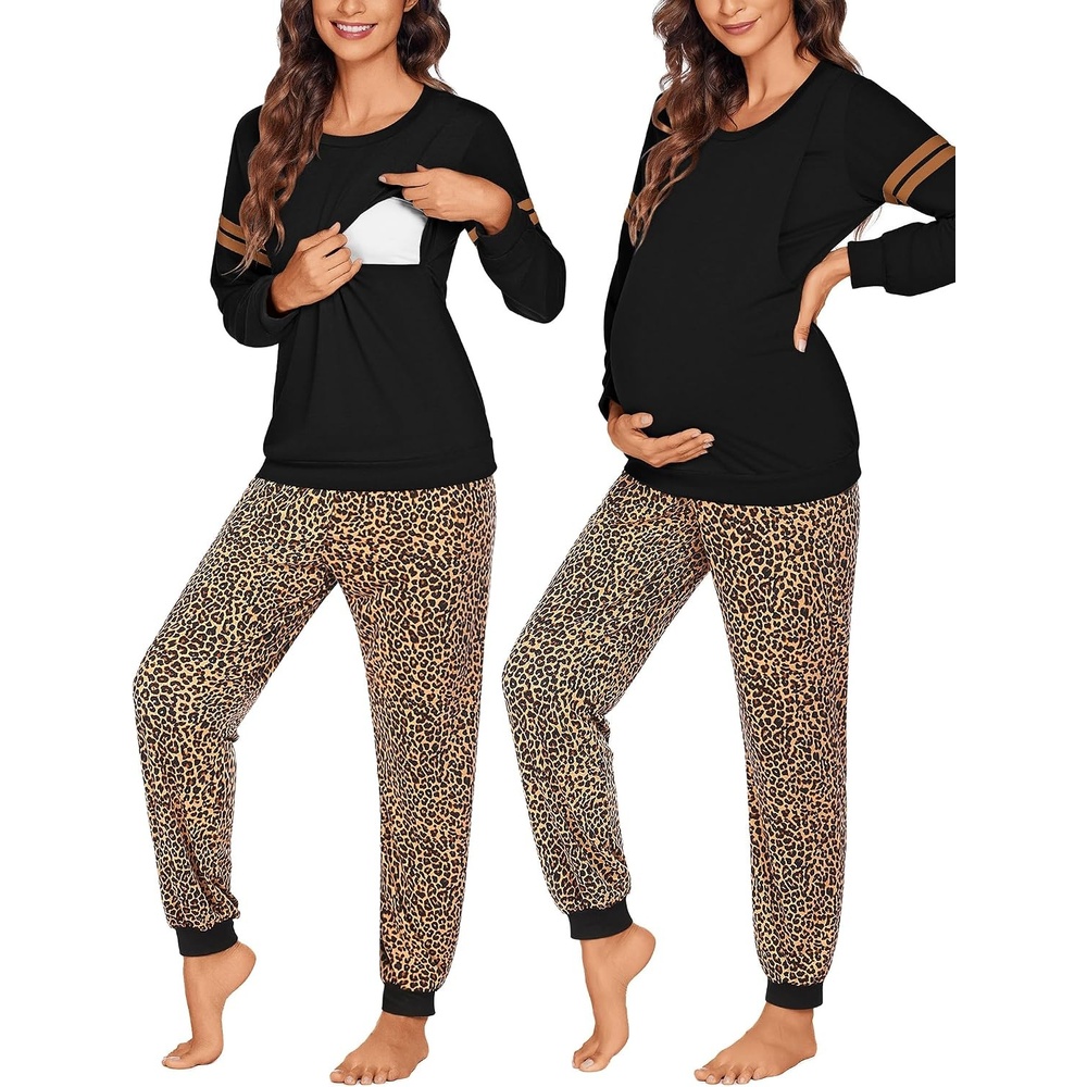 image:imageMaternity Pajamas Set Nursing Breastfeeding Postpartum Pregnancy PjsBlackleopard Print