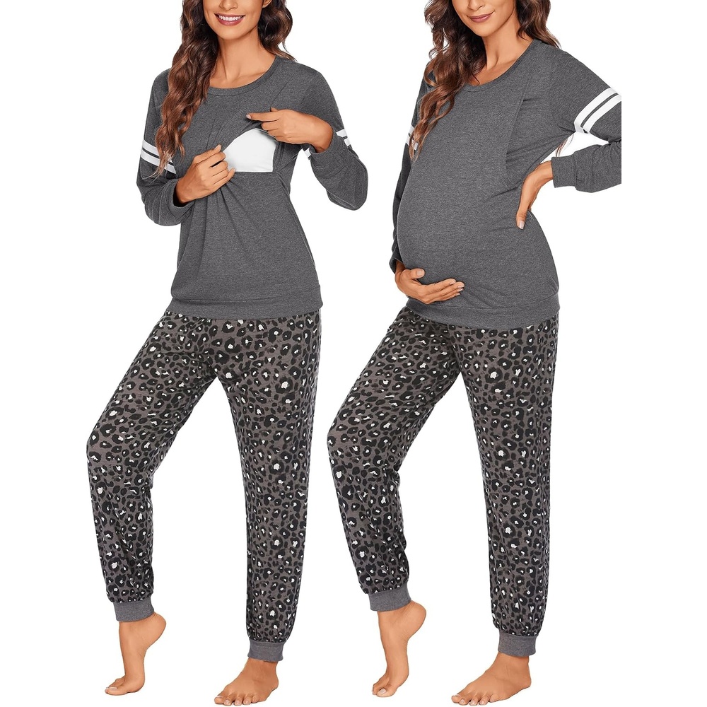 image:imageMaternity Pajamas Set Nursing Breastfeeding Postpartum Pregnancy PjsGreyleopard Print