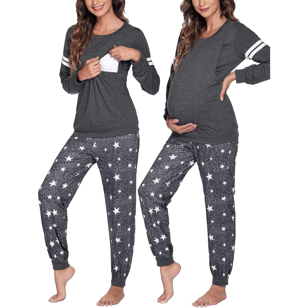 image:imageMaternity Pajamas Set Nursing Breastfeeding Postpartum Pregnancy PjsGreystars