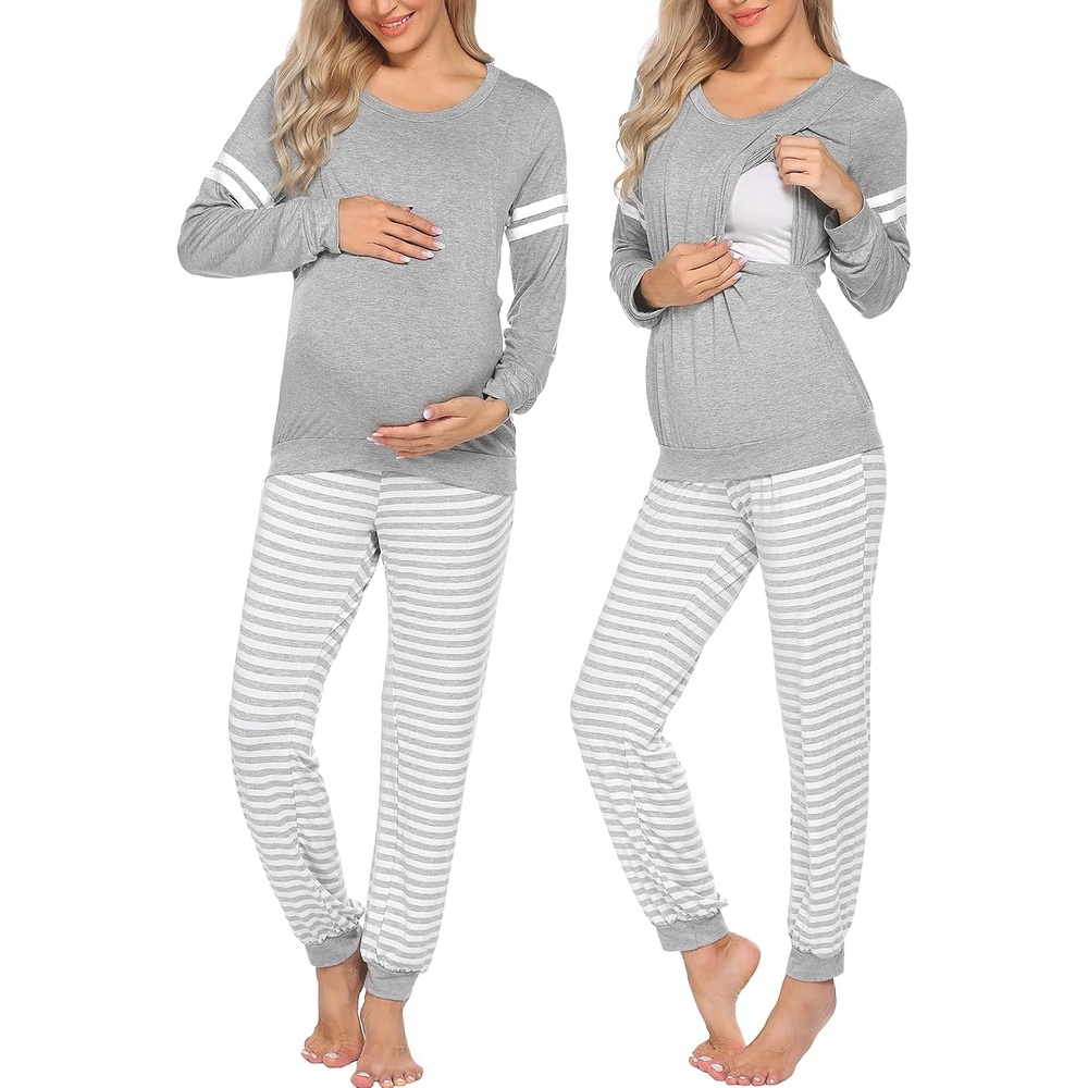 image:imageMaternity Pajamas Set Nursing Breastfeeding Postpartum Pregnancy PjsLight Grey