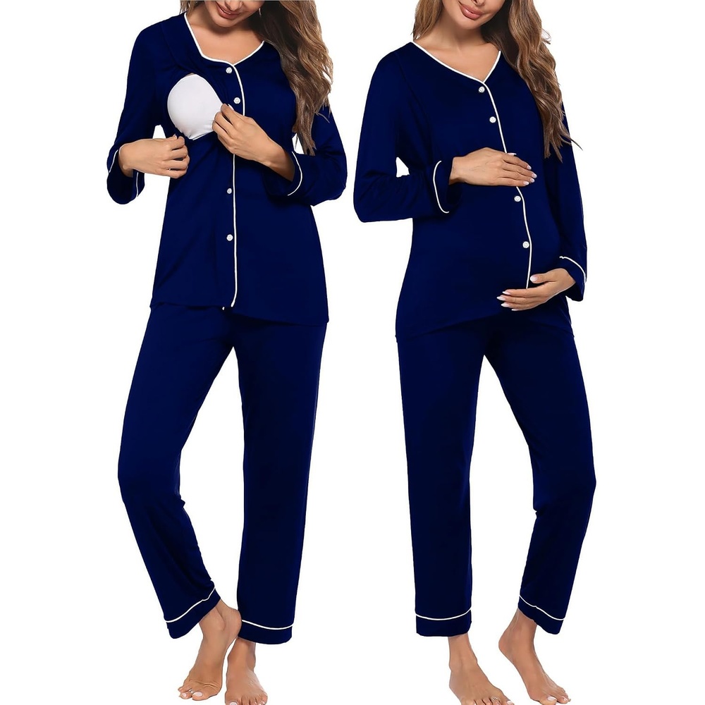 image:imageMaternity Pajamas Set Nursing Pregnancy Breastfeeding Postpartum Lounge PjsNavy Blue