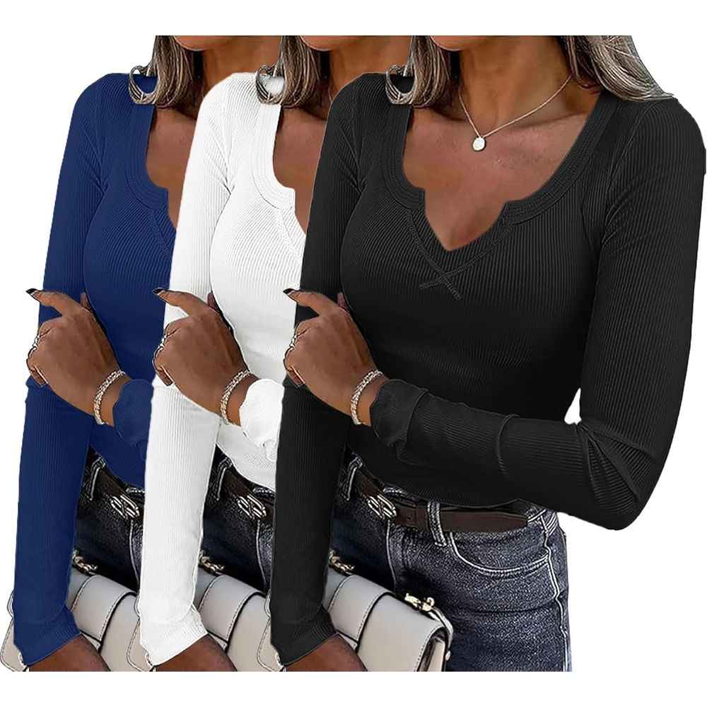 image:imageWomens Long Sleeve Shirts V Neck Slim Fit Tops Thermal Undershirts 3 PackBlackWhiteDeep Blue