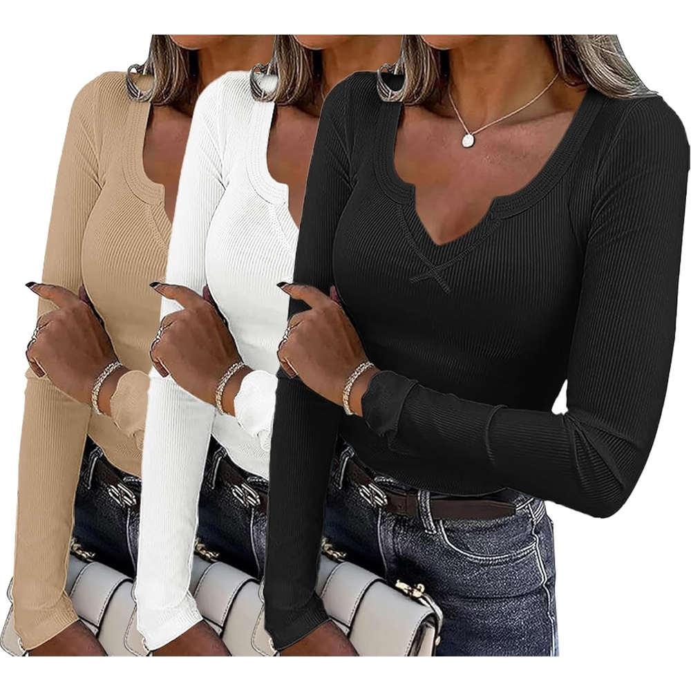 image:imageWomens Long Sleeve Shirts V Neck Slim Fit Tops Thermal Undershirts 3 PackBlackWhiteKhaki