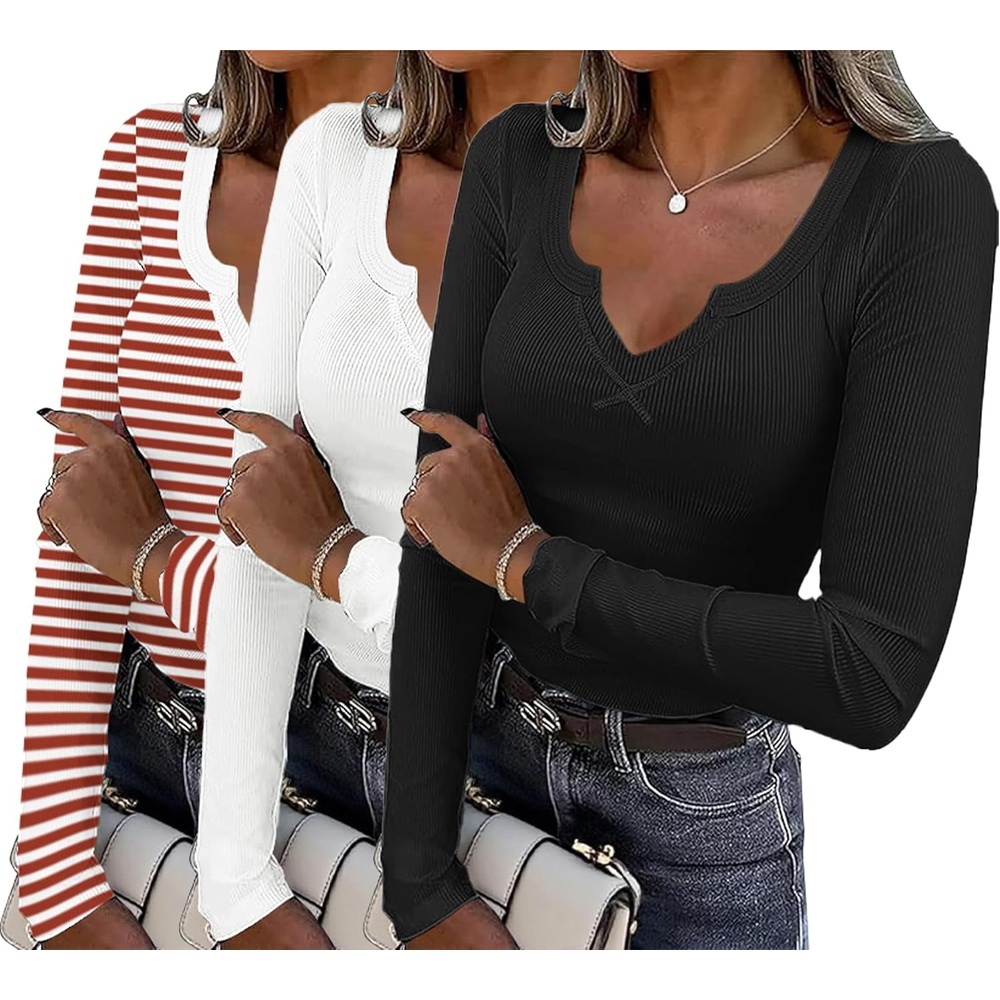 image:imageWomens Long Sleeve Shirts V Neck Slim Fit Tops Thermal Undershirts 3 PackRed White StrippedBlackWhite