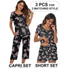Ekouaer 3 PCS Capri Pajamas for Women Set Short Sleeve Pajama Lounge Sets(Black Flowers)