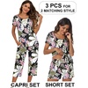 Ekouaer 3 PCS Capri Pajamas for Women Set Short Sleeve Pajama Lounge Sets(Black Leaves)