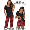 Ekouaer 3 PCS Capri Pajamas for Women Set Short Sleeve Pajama Lounge Sets(Black Red Plaid)
