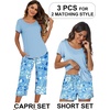 Ekouaer 3 PCS Capri Pajamas for Women Set Short Sleeve Pajama Lounge Sets(Blue Flowers)