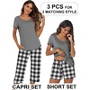 Ekouaer 3 PCS Capri Pajamas for Women Set Short Sleeve Pajama Lounge Sets(Dark Grey Plaid)